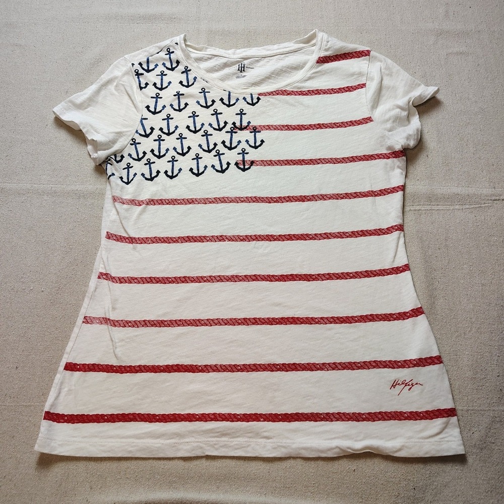 Tommy Hilfiger Womens Medium Nautical Americana Anchor Rope Stripe T-Shirt 19